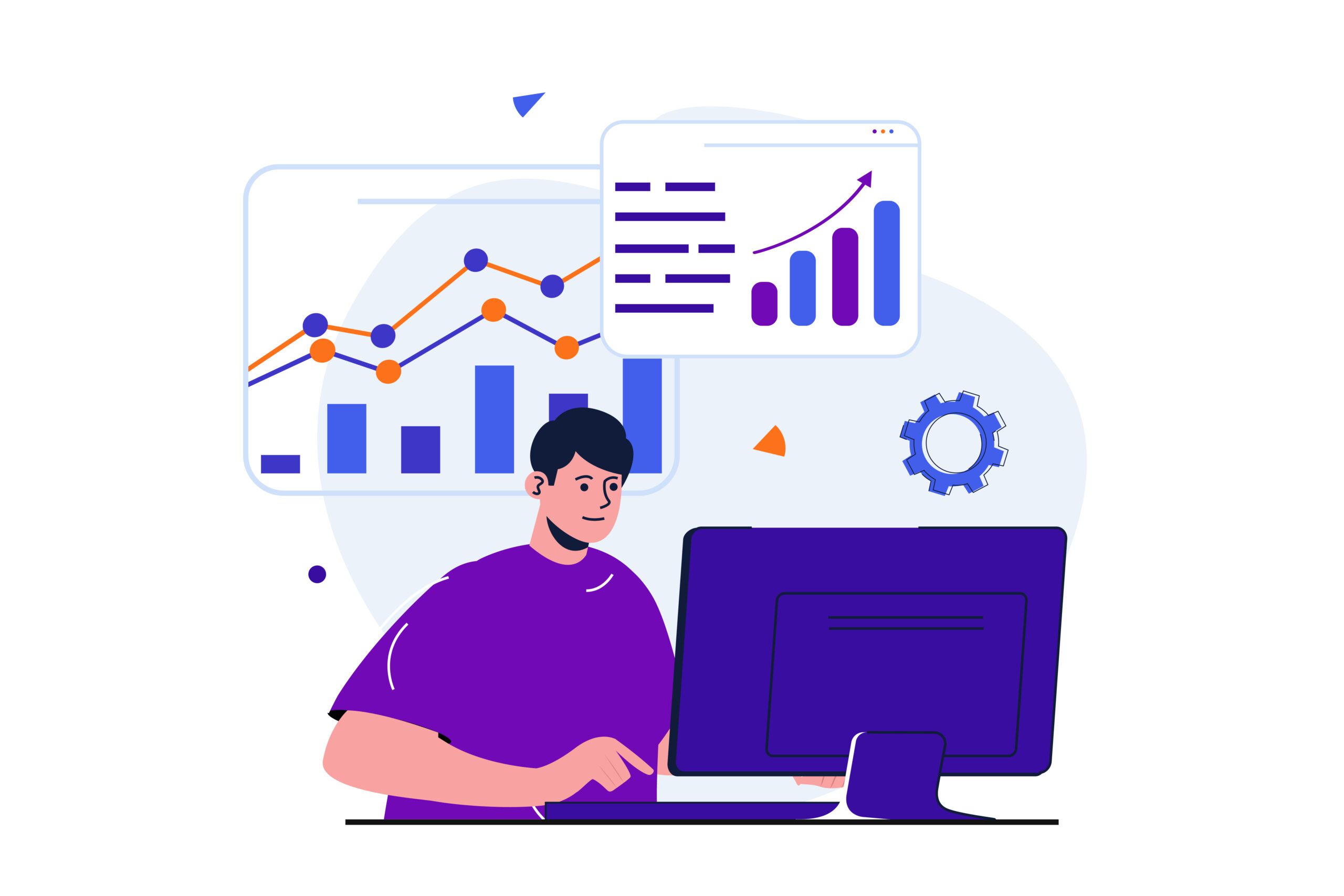 Marketing modern flat concept for web banner design. Man analyzes data, studies graphs and develops strategy and marketing plan for promoting business. Vector illustration with isolated people scene